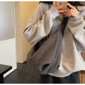 Casual black and white checkered hobo shoulder bag for women large capacity nylon tote