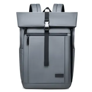 Minimalist grey water-resistant business laptop backpack for men with buckle strap