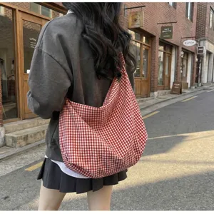 Women Casual Plaid Nylon Tote Bag Literary Fresh Checkered Shoulder Bag Large Capacity Lightweight Fashion Handbag Travel Daily Shopper Bag