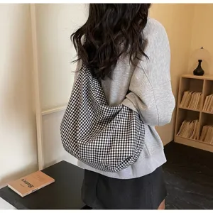 Casual black and white gingham check nylon hobo bag for women with large capacity