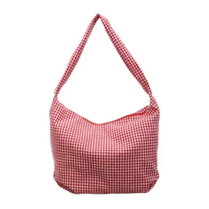 Fresh and casual red and white gingham plaid tote bag made of lightweight nylon fabric