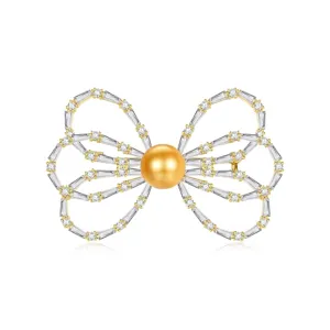 Elegant Bowknot Brooch For Women Copper Zirconia Artificial Pearl Inlaid Jewelry For Business Suit Wedding Anniversary Gift
