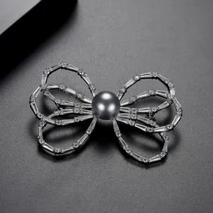 Elegant silver bow brooch jewelry with dark grey pearl and sparkling crystal zircons