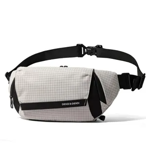 Functional men's grid pattern chest bag with adjustable strap in beige and black design