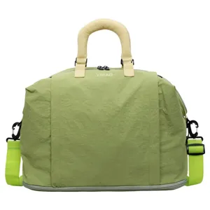 Green large capacity travel duffel bag with cream handle and neon strap