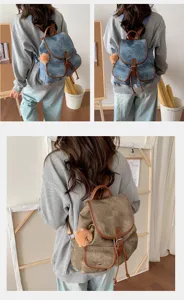 Vintage faux suede women backpack casual travel school bookbag with cute plush charm