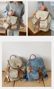 Details of retro faux-suede women backpack with multi pockets, casual vintage school rucksack.