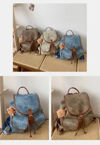 Vintage faux suede women backpack casual travel school bag with cute bear pendant