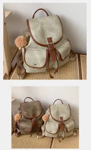 Casual retro faux suede women backpack detail view showing color variants and front pockets.