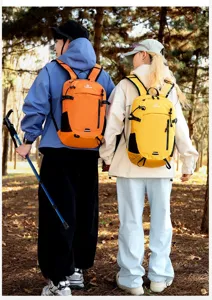 Vista trasera de excursionistas con mochilas naranja y amarilla en un bosque soleado
