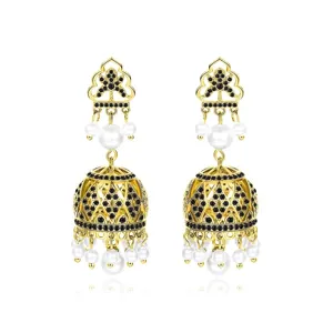 Indian Jhumka Pearl Drop Earrings Vintage Palace Copper Rhinestone Dangle Earrings For Women Ethnic Wedding Jewelry