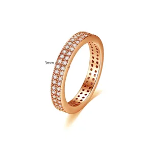 Rosegouden ring met dubbele rij zirkonia steentjes, 3mm breedte, modieus dames sieraad.