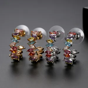 Colorful marquise-cut cubic zirconia C-shaped hoop earrings in gold and silver finish