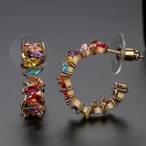 Luxury multi-colored marquise-cut zircon C-shaped hoop earrings for women jewelry