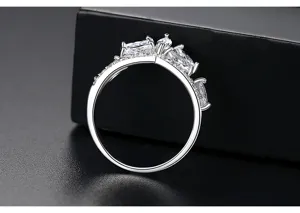 Side view detail of an elegant silver crown ring set with marquise cut zircon stones