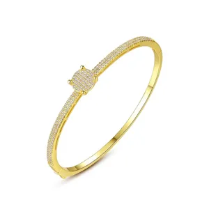 Bracelet Jonc en Laiton Zirconia Style Coréen Simple pour Femmes Double Rangée de Strass Micro-Serti Cuivre Géométrique Or Argent Bracelet Bijoux de Main Quotidien