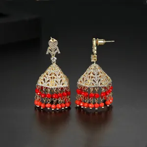Vintage ινδικά σκουλαρίκια jhumka από επιχρυσωμένο χαλκό με κόκκινες χάντρες