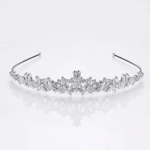 Elegant silver-toned bridal tiara with marquise cubic zirconia floral design on white