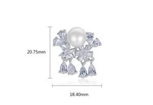 Detailed view of silver-toned freshwater pearl earring with cubic zirconia and size