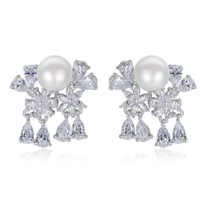 Fashion Freshwater Pearl Stud Earrings Copper Zirconia Flower Tassel Earrings Electroplated Silver Jewelry For Women Banquet Party