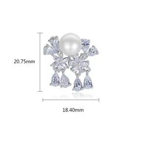 Elegant freshwater pearl stud earrings featuring zircon flowers and teardrop dangles, 20mm