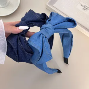 Franse retro denim hoofdband met strik in donkerblauw en lichtblauw voor vrouwen