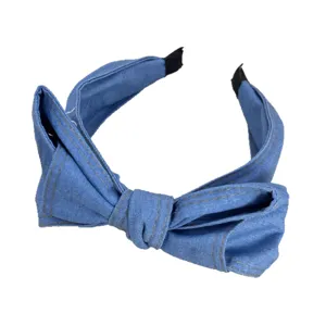 Stijlvolle vintage blauwe denim brede haarband met een elegante grote strik