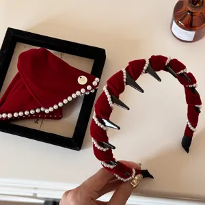 Vintage Red Velvet Pearl Headband Festive New Year High Cranial Top Non-slip Teeth Hair Band Elegant Hair Accessory For Women