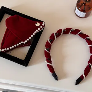 Elegant vintage wine red velvet headband and clip set with white pearl wrap details
