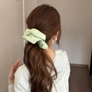Détail d'un chouchou en tissu vert clair tenant une queue de cheval brune en intérieur