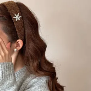 Elegant brown plush headband with rhinestone snowflake decoration for daily wear