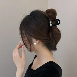 Vintage black flocked hair claw clip with sparkling rhinestones for elegant updos