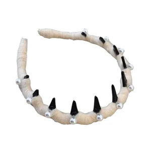 Korean style wave knitted wool headband with pearls and black shark tooth spikes