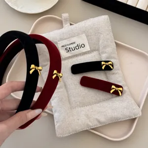 Women Velvet Bowknot Headband Hair Clip Set Elegant Gold Bow Hairband Black Red Retro High Top Hair Accessories For Girls