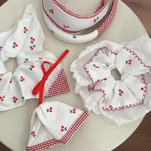 Sweet White Lace Scrunchies With Cherry Print Gingham Bow Design Cute Fabric Hair Ties Headbands Hair Clips For Women Girls