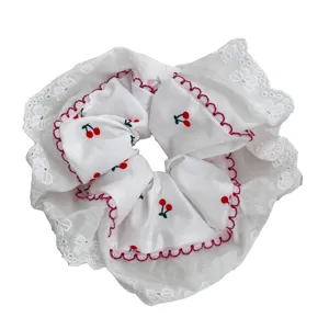 White lace scrunchie hair tie with sweet red cherry embroidery pattern