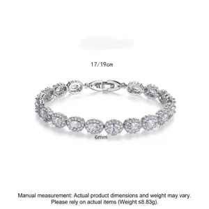 Elegante pulsera de eslabones ovales plateados con circonitas AAA en 17 cm y 19 cm de largo