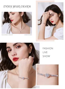 Model showcasing a sparkling round halo jewelry set with necklace and bracelet