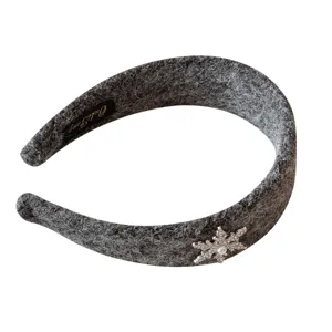 Elegant gray felt headband with a sparkling rhinestone snowflake and pearl accent for women