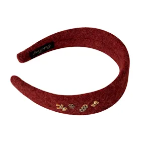 Serre-tête large en peluche rouge d'hiver avec breloques dorées porte-bonheur pour femme