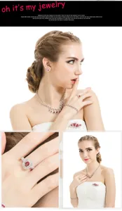 Detalle de un conjunto de joyas de cristal en forma de lágrima con collar, anillo y pendientes oro.