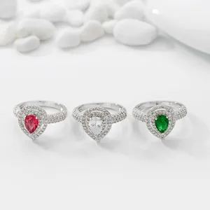 Anillo de Latón de Lujo con Gota de Agua para Mujer Circonia Cristal Anillo de Boda Plateado Forma de Pera Incrustado Joyería Regalo