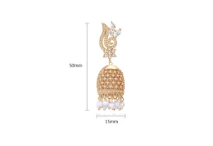 Detailed view of Indian style gold bell earring with specific dimensions 50mm by 15mm.