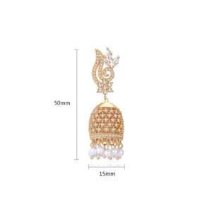 Traditional Indian style gold Jhumka tassel earrings with crystals and white pearls.