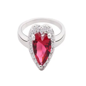 Close-up van een elegante zilverkleurige ring met rode hartvormige edelsteen