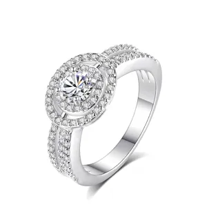 Anillo de Cobre Zirconia de Moda para Mujer Lujo Europeo Americano Halo Redondo Cristal Compromiso Boda Banquete Joyería Accesorios