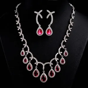 Koperen Waterdruppel Zirconia Ketting Set Elegant Geplatineerde Bruiloft Banket Mode Sieraden Voor Vrouwen