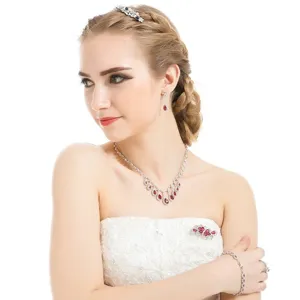 Elegante bruidssieradenset met rode waterdruppelkristallen, ketting en bijpassende oorbellen