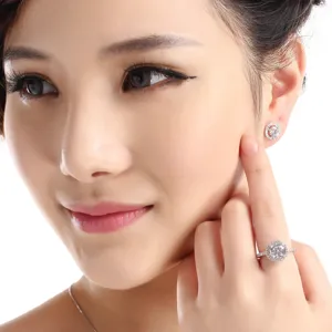 Elegant 2ct round halo simulated diamond ring and earrings set on Asian model