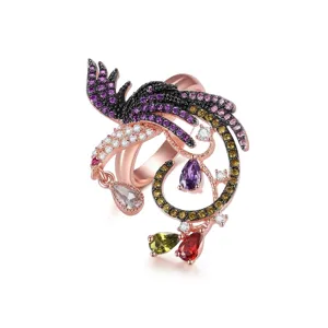 Anillo de Fénix de Fuego Estilo Palacio Retro para Mujer Vintage Exagerado de Cobre con Circonia Oro Rosa Plata Joyería